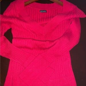 Express Red Cable Knit V Neck Sweater M EUC